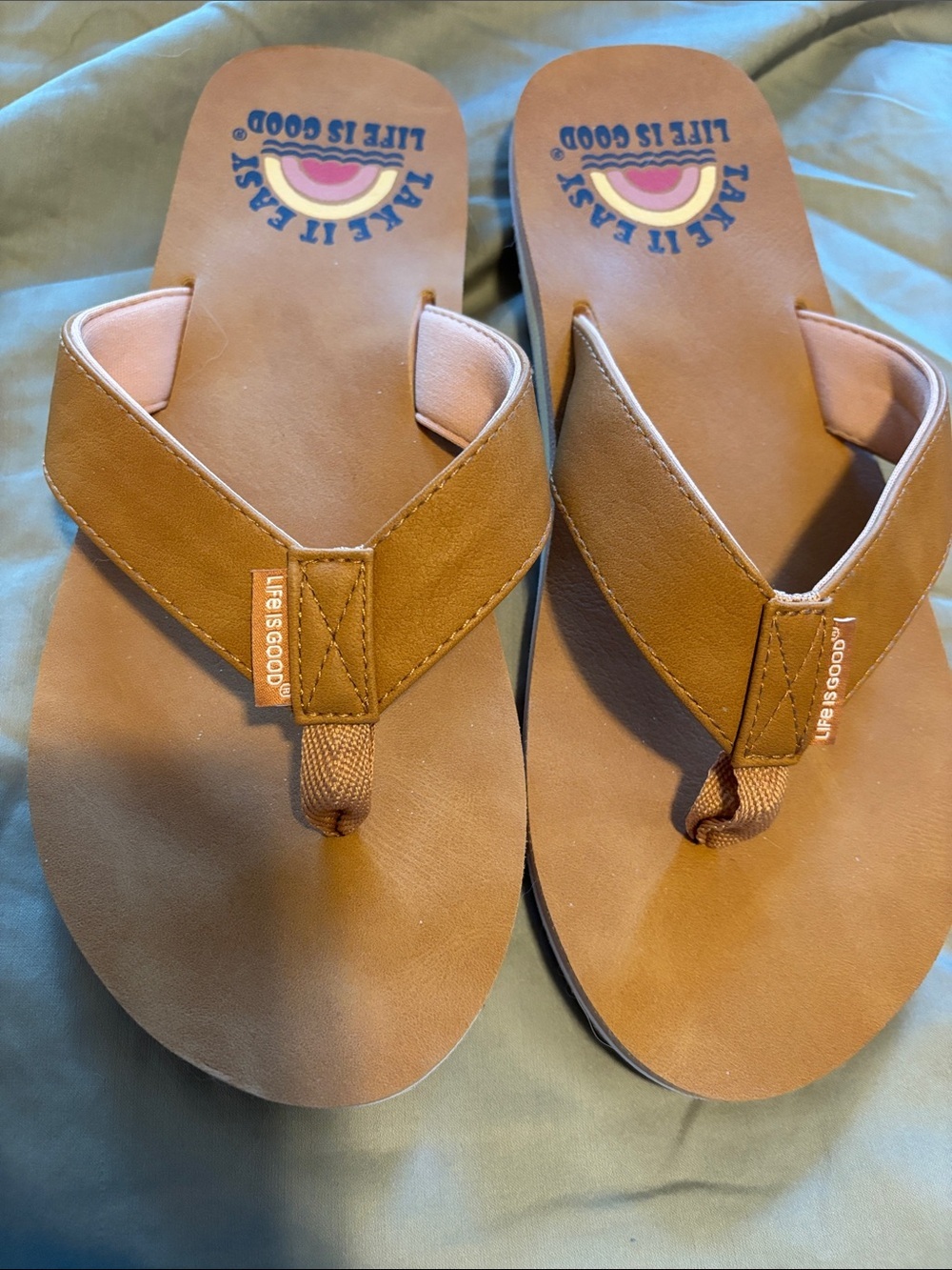 Life Is Good Tan/Brown Flip Flop Sandals with Logo